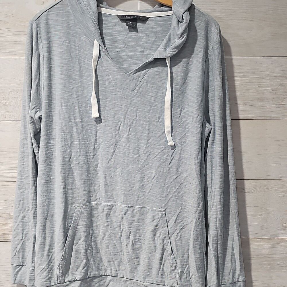 Free Fly Bamboo Slub Hoodie Womens Medium Blue Gray V-Neck Lightweight Sun Top